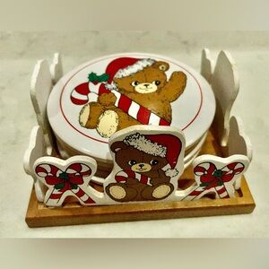 Vintage 1988 Christmas Teddy Bear coasters in holder